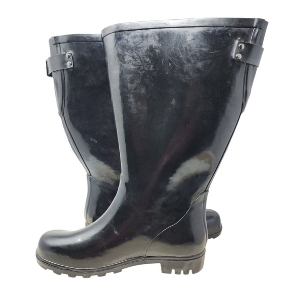 Torrid Rain Boots sz 9 Knee High Black Glossy Wide Calf Buckle Waterproof Rubber - Picture 6 of 12